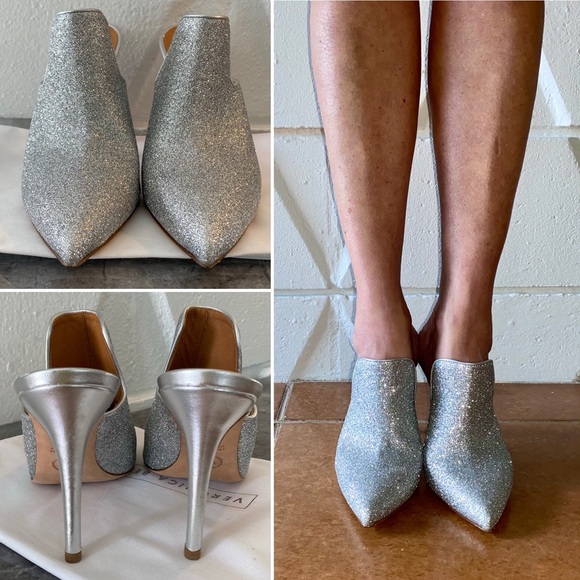 🔥$500 VERONICA BEARD🔥 Perfect “Penn” Mules Silver Glittered - Picture 3 of 16